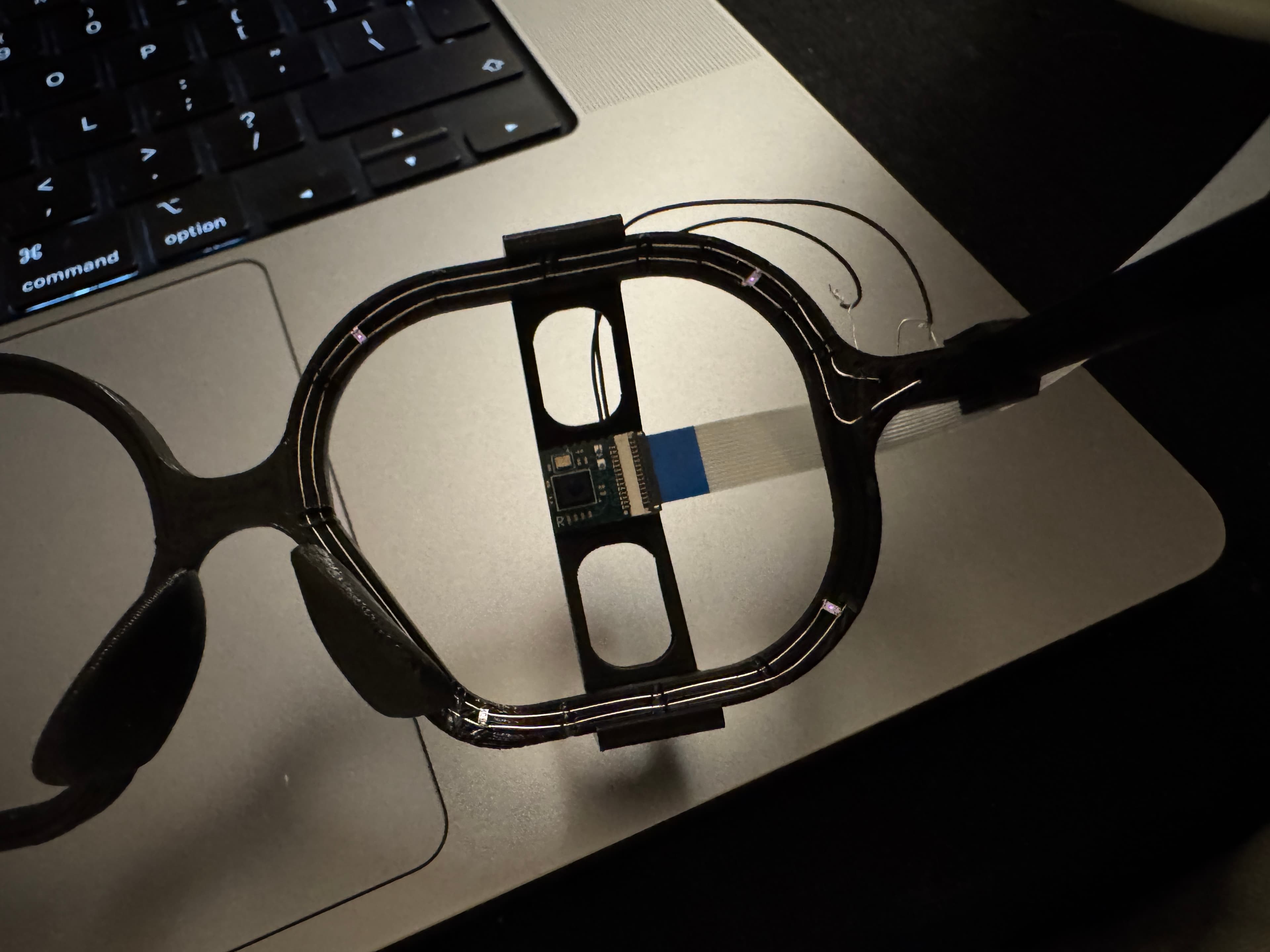 Custom miniature camera circuit for infrared eye tracking.