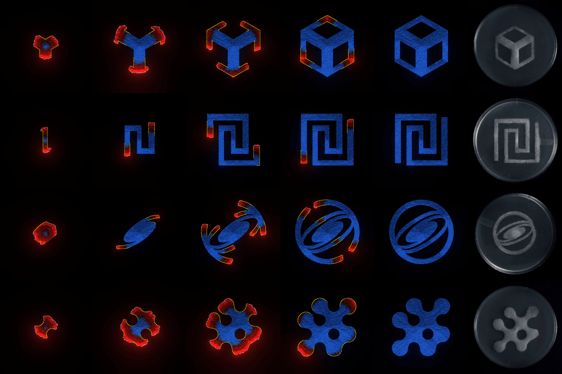 NN fungal cellular automaton simulations of four complex shapes with dynamic light containment in reality.