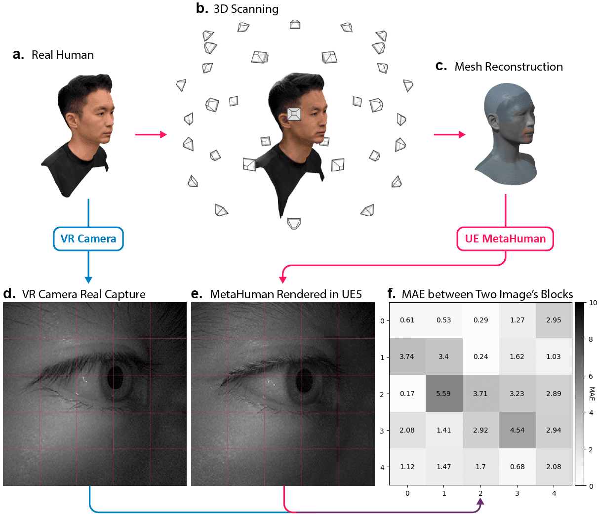 Pipeline from real human scan to UE MetaHuman reconstruction and real-versus-synthetic periocular image calibration.